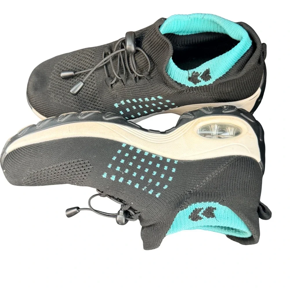Walking Shoes Womens 38 Black Teal Knit Bungee Lace Air Cushion Sneakers